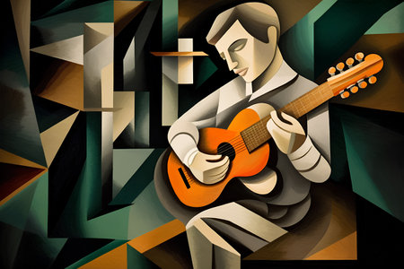 guitar player with a guitar on the background of a geometric patternの素材