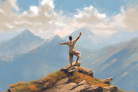 Rear view of a man standing on the top of a mountain and raising his hands up.の素材
