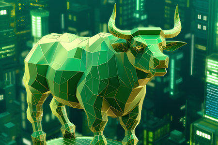 Abstract low polygonal bull on a green background. 3d renderingの素材