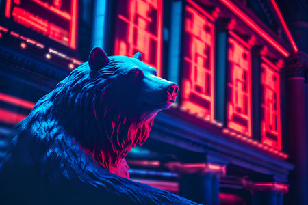 The head of a bear in neon light. 3D rendering.の素材