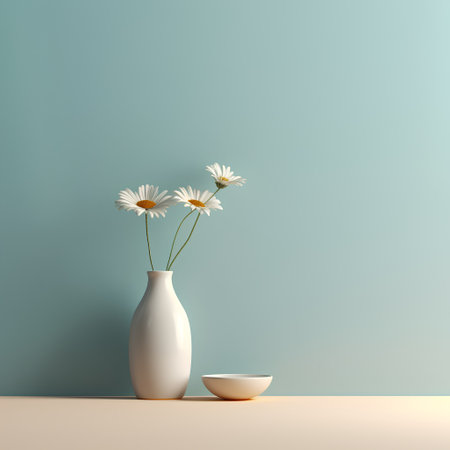 White vase with daisies on pastel blue wall background. Minimal style. 3d renderの素材