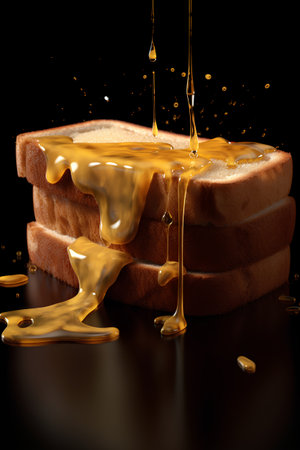 Slice of bread with sweet honey on black background. 3d renderingの素材