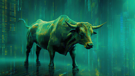 Digital illustration of a bull with binary code in the background. 3d renderingの素材