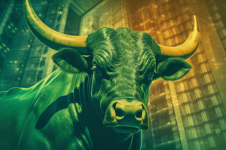 Bull in the city. Conceptual image. 3D rendering.の素材