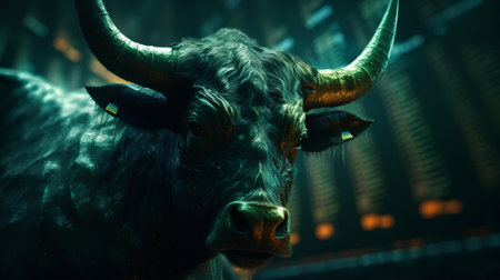 Bull on the background of the stock exchange. Conceptual image.の素材