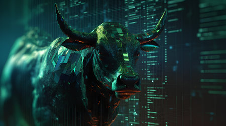 Digital illustration of a bull head against the background of a binary codeの素材