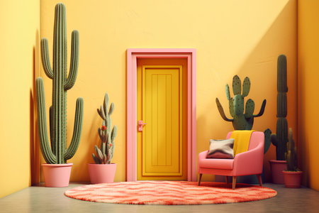 Interior with cacti and pink door. 3d renderの素材