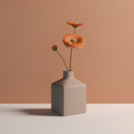 3d render of vase with gerbera flowers on the tableの素材
