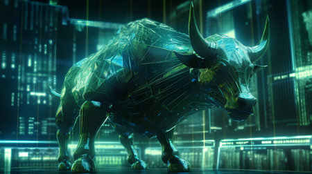 3D rendering of a metal bull on a stock exchange background with chartsの素材