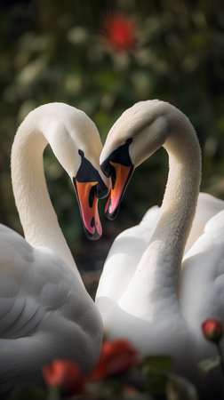 Two swans in love on a background of flowers. The mute swan, Cygnus olorの素材