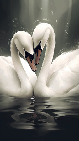 Two white swans swimming in the dark water. Vector illustration.の素材