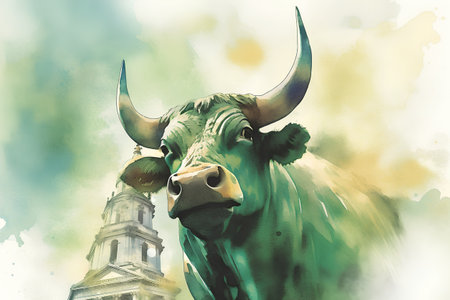 Watercolor illustration of bull on the background of St. Stephen's Basilica in Budapest, Hungaryの素材