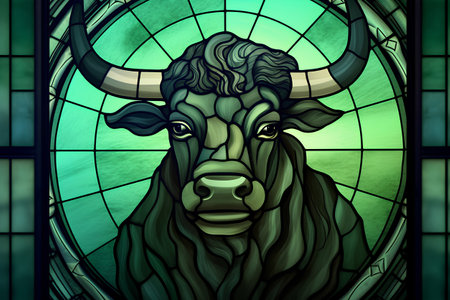 Illustration in stained glass style with a head of a buffalo on a green backgroundの素材