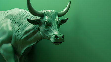 3d rendering of a green bull with horns on a green backgroundの素材
