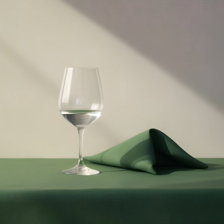 Wine glass and green napkin on a table in a restaurantの素材