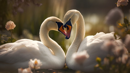 Two swans in love on a background of spring flowers. Toned.の素材