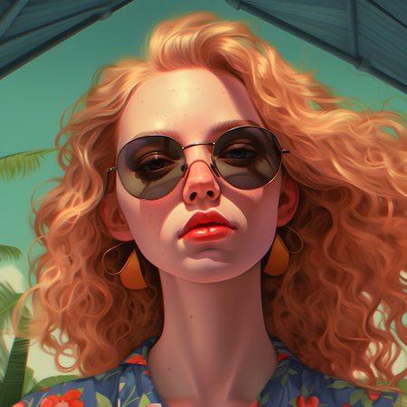 Portrait of a girl with curly hair and sunglasses. 3d renderingの素材