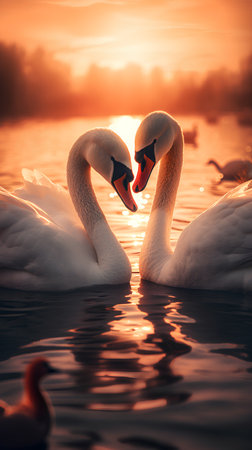 Beautiful couple of swans swimming in the lake at sunset.の素材