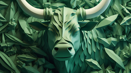 3d rendering of a green bull head surrounded by green grass.の素材