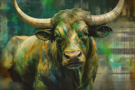 Grunge background with bull head. Digital collage. 3d renderingの素材