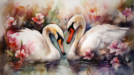 Two swans swimming in the pond. Digital watercolor painting.の素材