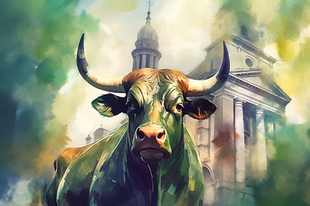 Watercolor painting of a bull in front of St Paul's Cathedral in London.の素材
