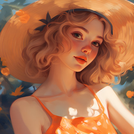 Portrait of beautiful young woman in orange dress and hat with flowersの素材