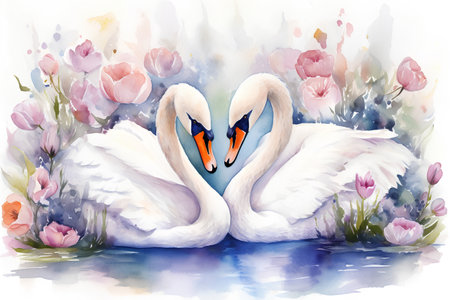 Watercolor illustration of two swans on the background of spring flowersの素材