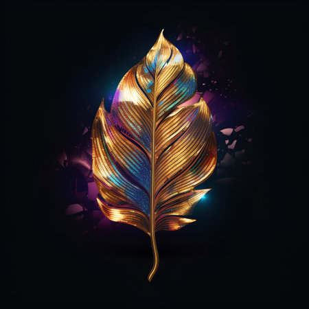 Vector illustration of golden feather on black background. Colorful bird feather.の素材