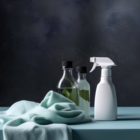 Set of cosmetic products on a blue table with a towel, 3d renderの素材