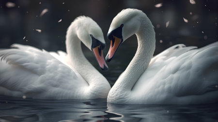 Beautiful white swans swimming on a lake. Toned.の素材