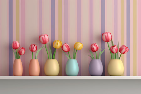 Vase with tulips on the shelf in the room. Vector illustration.の素材
