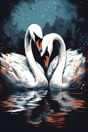 Vector image of two swans on the water with grunge backgroundの素材