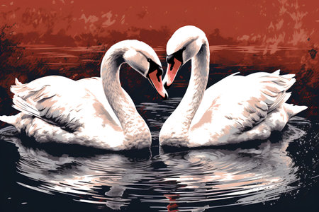 Two swans in love on the water. Vector illustration for your designの素材