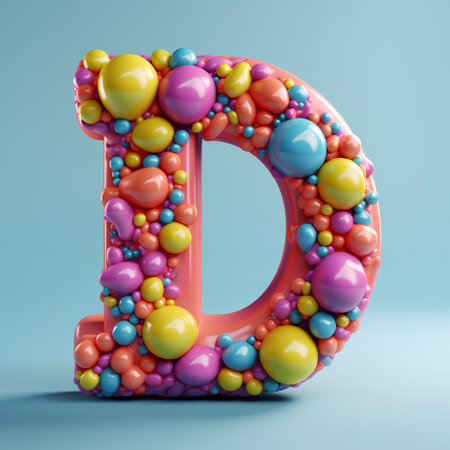 Colorful 3D letter D uppercase filled with balloons isolated on blue background. 3D renderingの素材