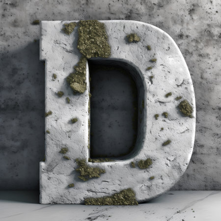 Concrete letter D uppercase. 3D render cracked concrete font with green moss on it.の素材