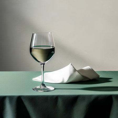 Glass of wine and napkin on green tablecloth over gray wallの素材