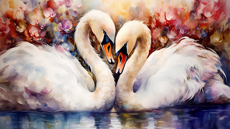Two swans in love on the water. Watercolor painting.の素材
