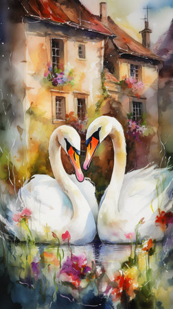Two swans on the background of the old town. Watercolor paintingの素材