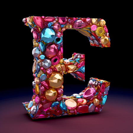 Capital letter E in low poly style made of precious stones. 3D renderingの素材