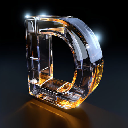 Futuristic glass letter D on black background. 3D renderingの素材