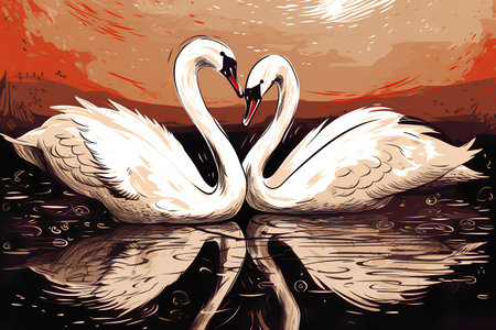Vector illustration of two swans in love on a sunset background.の素材