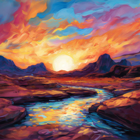 Sunset over the mountain lake. Colorful landscape. Digital painting.の素材