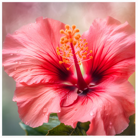Close up of pink hibiscus flower with water dropletsの素材