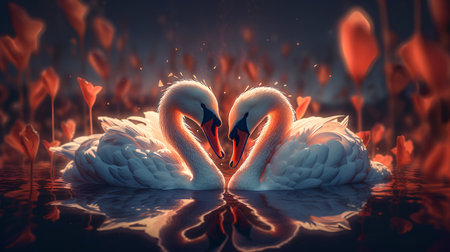 Two swans in love on a lake. 3D illustration.の素材