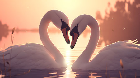 Two swans on the lake at sunset. 3D rendering.の素材