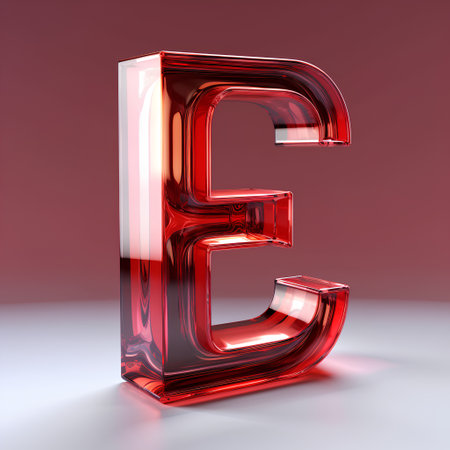 Red glossy letter E uppercase isolated on white background. 3d rendered font.の素材