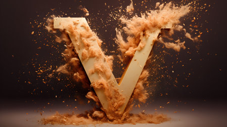 Fiery letter V uppercase. 3D render isolated on black backgroundの素材