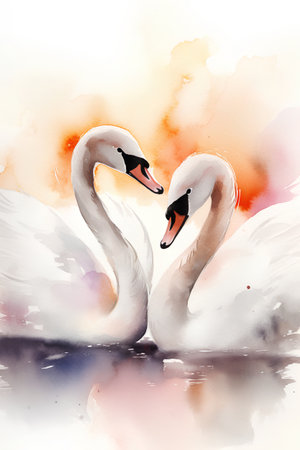 Watercolor illustration of a pair of swans on the water.の素材
