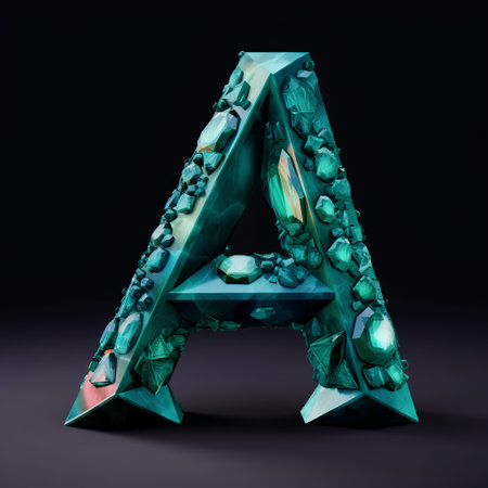 Green emerald stone letter A on black background. 3d renderingの素材